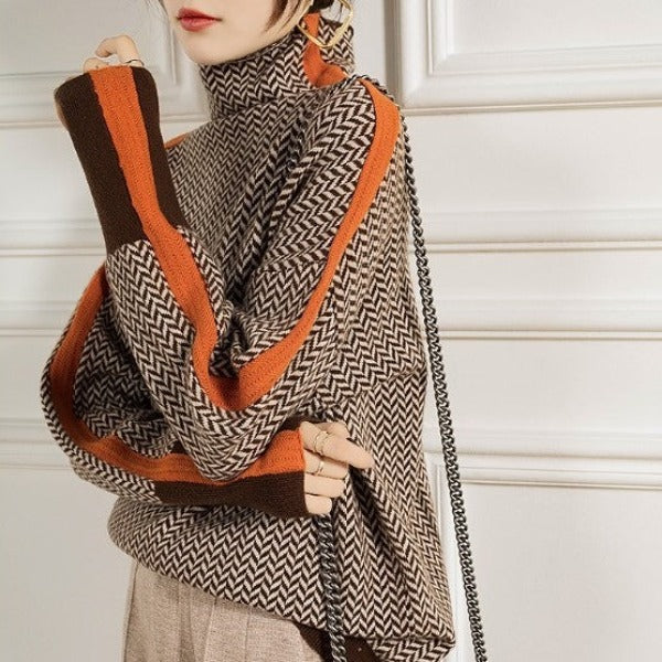 Women's Herringbone Knit Sweater with Turtleneck and Sleeve Stripes — Allyours Closet (view 4)