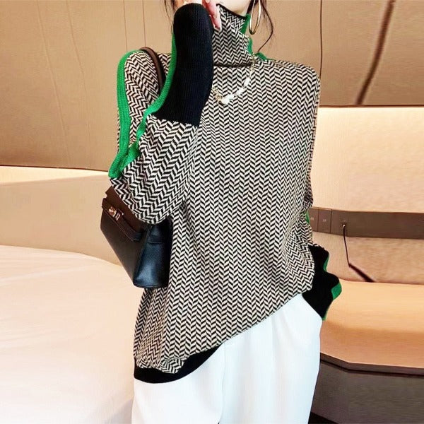 Women's Herringbone Knit Sweater with Turtleneck and Sleeve Stripes — Allyours Closet (view 5)