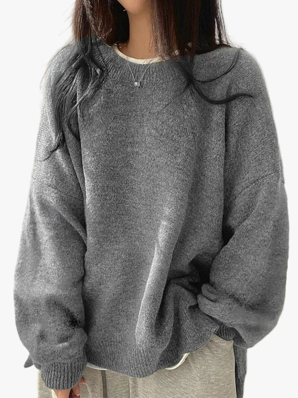 Women's Knit Crewneck Sweater with Drop Shoulders and Side Slits — Allyours Closet