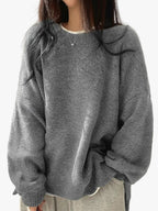Women's Knit Crewneck Sweater with Drop Shoulders and Side Slits — Allyours Closet
