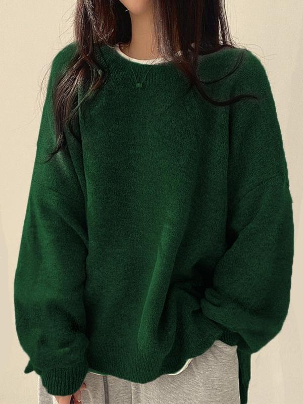 Women's Knit Crewneck Sweater with Drop Shoulders and Side Slits — Allyours Closet (view 11)