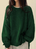 Women's Knit Crewneck Sweater with Drop Shoulders and Side Slits — Allyours Closet (view 11)