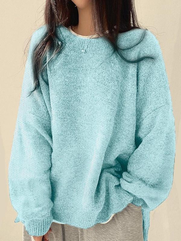 Women's Knit Crewneck Sweater with Drop Shoulders and Side Slits — Allyours Closet (view 12)