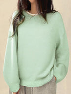 Women's Knit Crewneck Sweater with Drop Shoulders and Side Slits