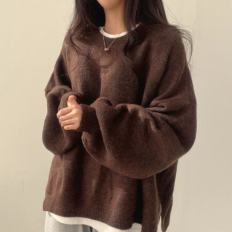 Women's Knit Crewneck Sweater with Drop Shoulders and Side Slits — Allyours Closet (view 3)