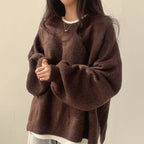 Women's Knit Crewneck Sweater with Drop Shoulders and Side Slits — Allyours Closet (view 3)