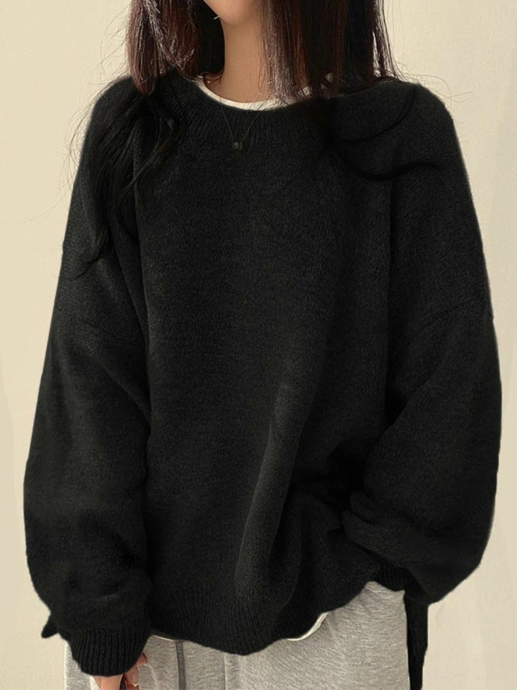 Women's Knit Crewneck Sweater with Drop Shoulders and Side Slits — Allyours Closet (view 4)