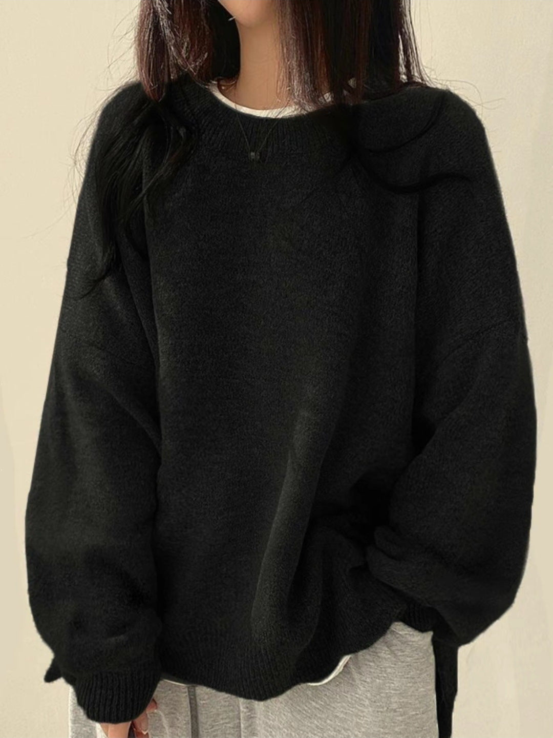 Women's Knit Crewneck Sweater with Drop Shoulders and Side Slits — Allyours Closet (view 4)
