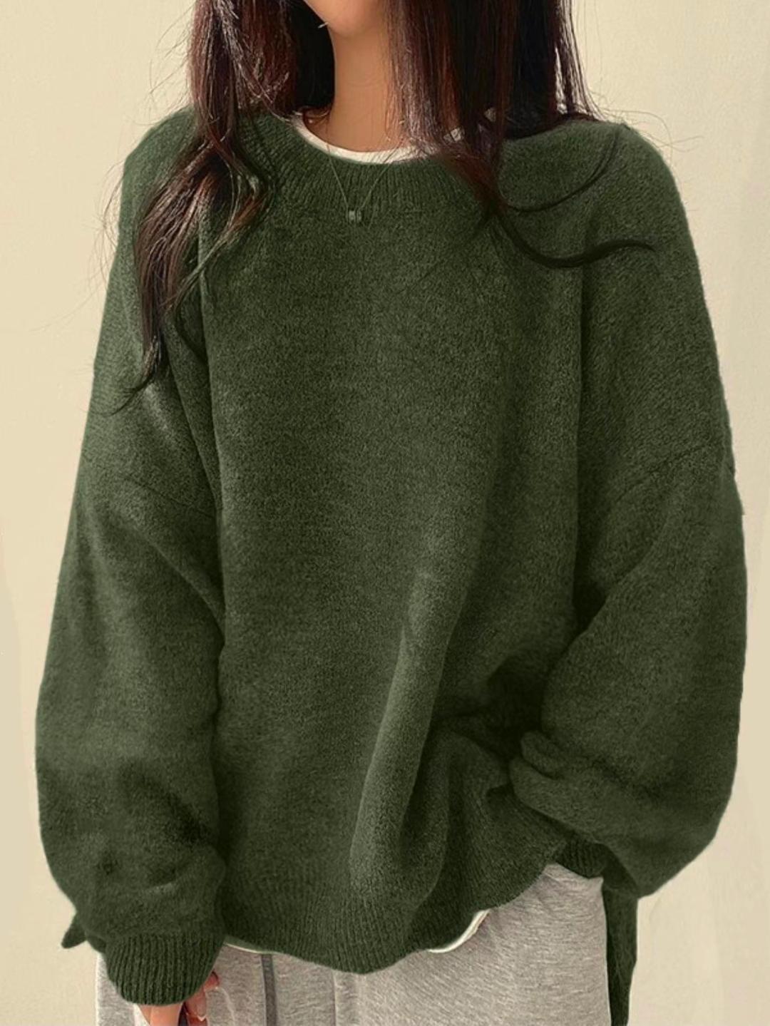 Women's Knit Crewneck Sweater with Drop Shoulders and Side Slits — Allyours Closet (view 5)