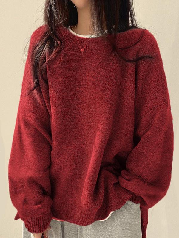 Women's Knit Crewneck Sweater with Drop Shoulders and Side Slits — Allyours Closet (view 7)