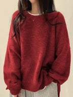 Women's Knit Crewneck Sweater with Drop Shoulders and Side Slits — Allyours Closet (view 7)