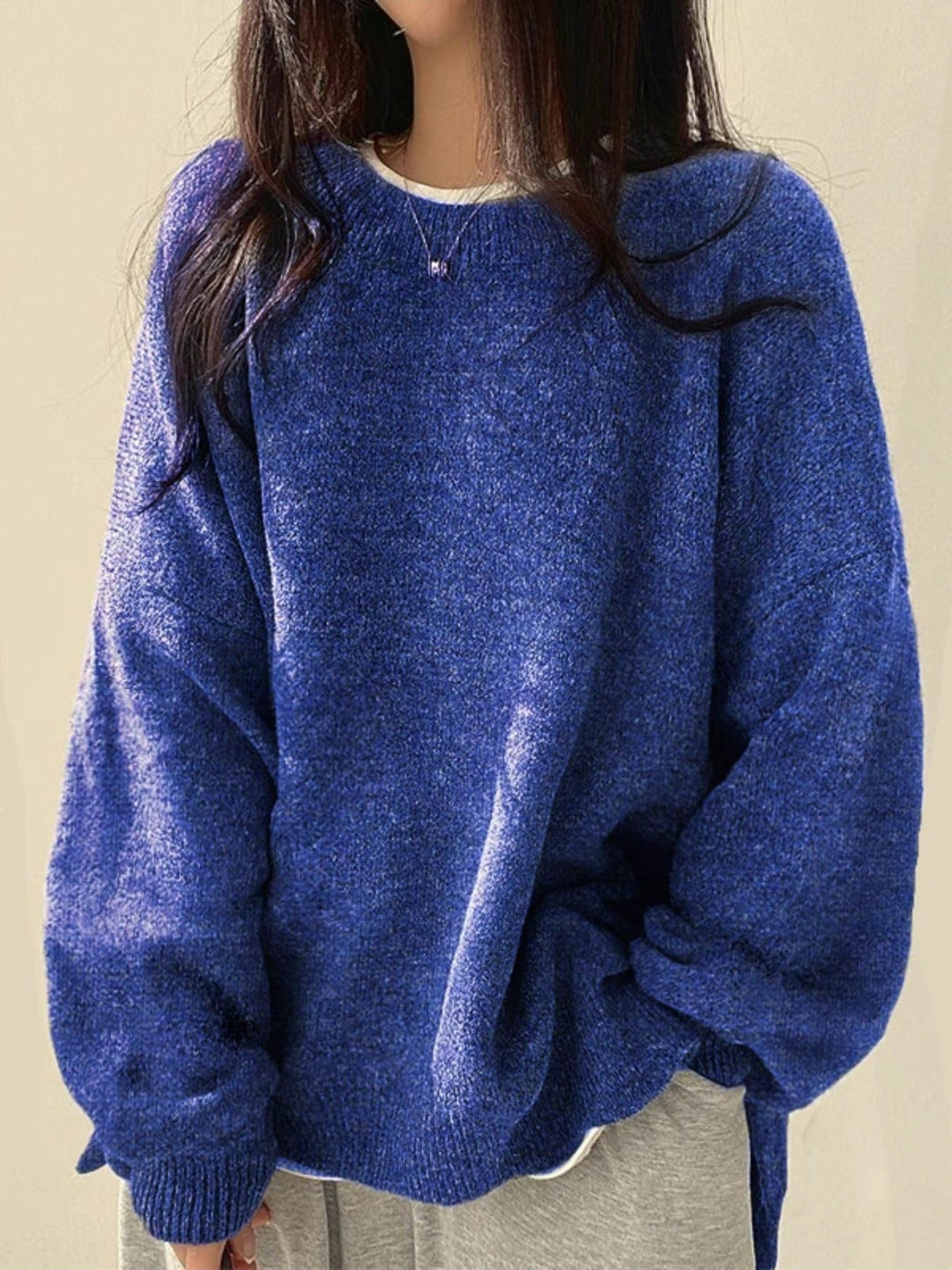 Women's Knit Crewneck Sweater with Drop Shoulders and Side Slits — Allyours Closet (view 8)