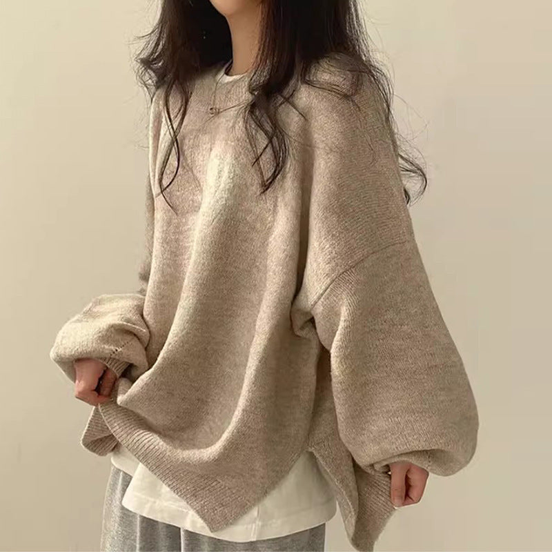 Women's Knit Crewneck Sweater with Drop Shoulders and Side Slits — Allyours Closet (view 9)