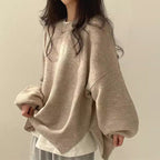 Women's Knit Crewneck Sweater with Drop Shoulders and Side Slits — Allyours Closet (view 9)