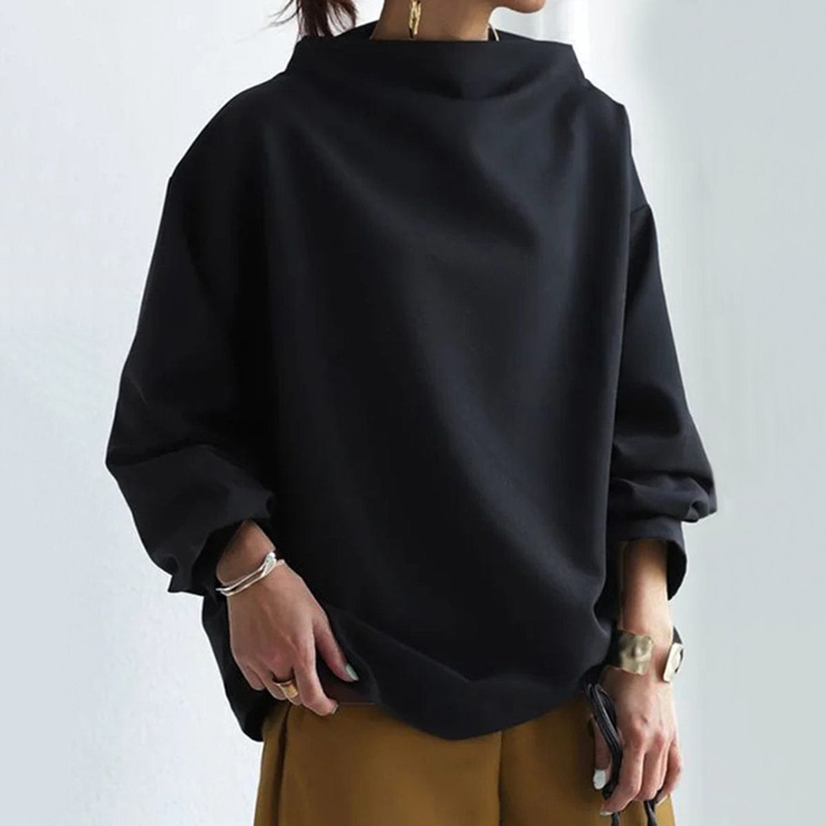 Women's Knit Pullover Top with High Neck and Drop Shoulders — Allyours Closet (view 6)