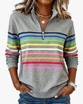 Women's Knit Pullover with Quarter Zip and Striped Bands — Allyours Closet