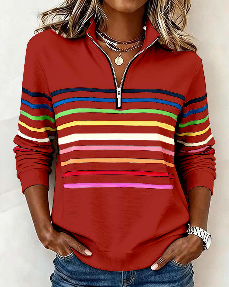 Women's Knit Pullover with Quarter Zip and Striped Bands — Allyours Closet (view 10)