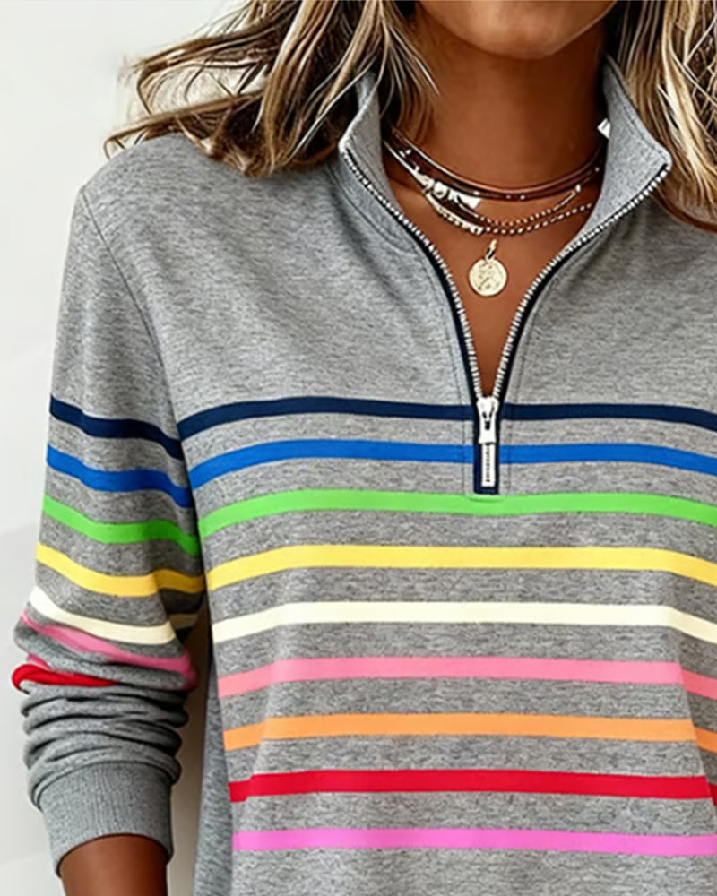 Women's Knit Pullover with Quarter Zip and Striped Bands — Allyours Closet (view 2)