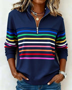 Women's Knit Pullover with Quarter Zip and Striped Bands — Allyours Closet (view 4)