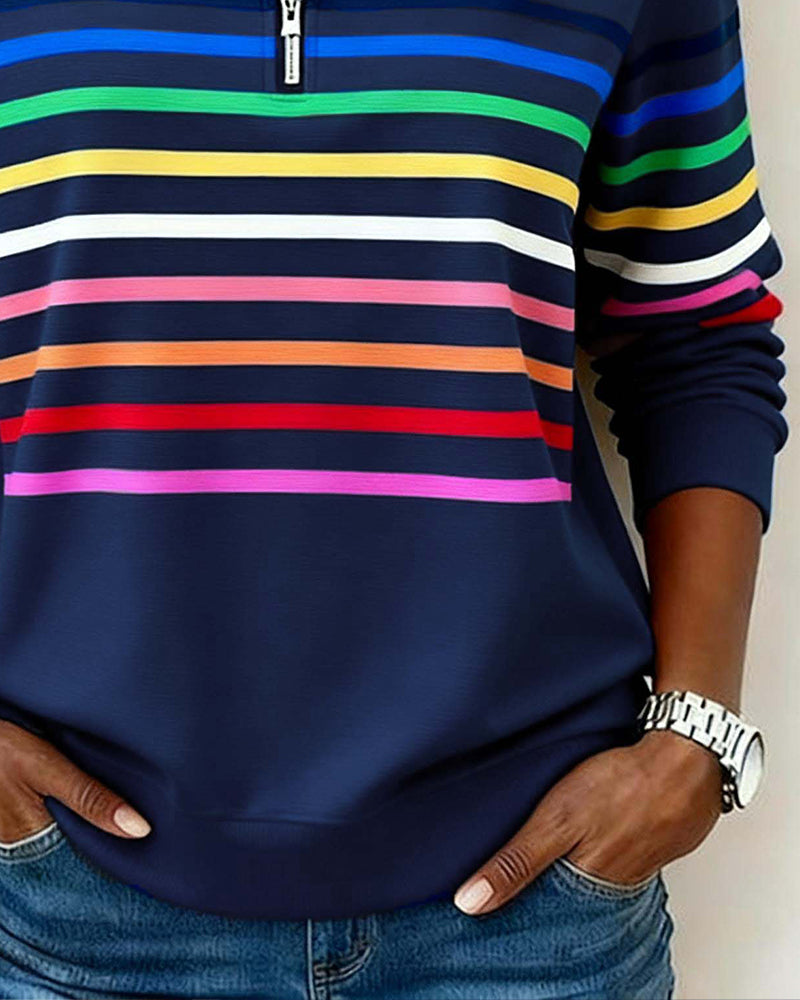 Women's Knit Pullover with Quarter Zip and Striped Bands — Allyours Closet (view 6)