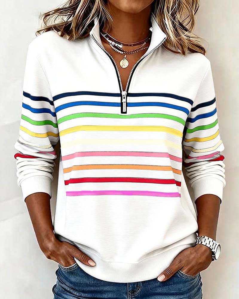 Women's Knit Pullover with Quarter Zip and Striped Bands — Allyours Closet (view 7)