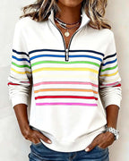 Women's Knit Pullover with Quarter Zip and Striped Bands — Allyours Closet (view 7)