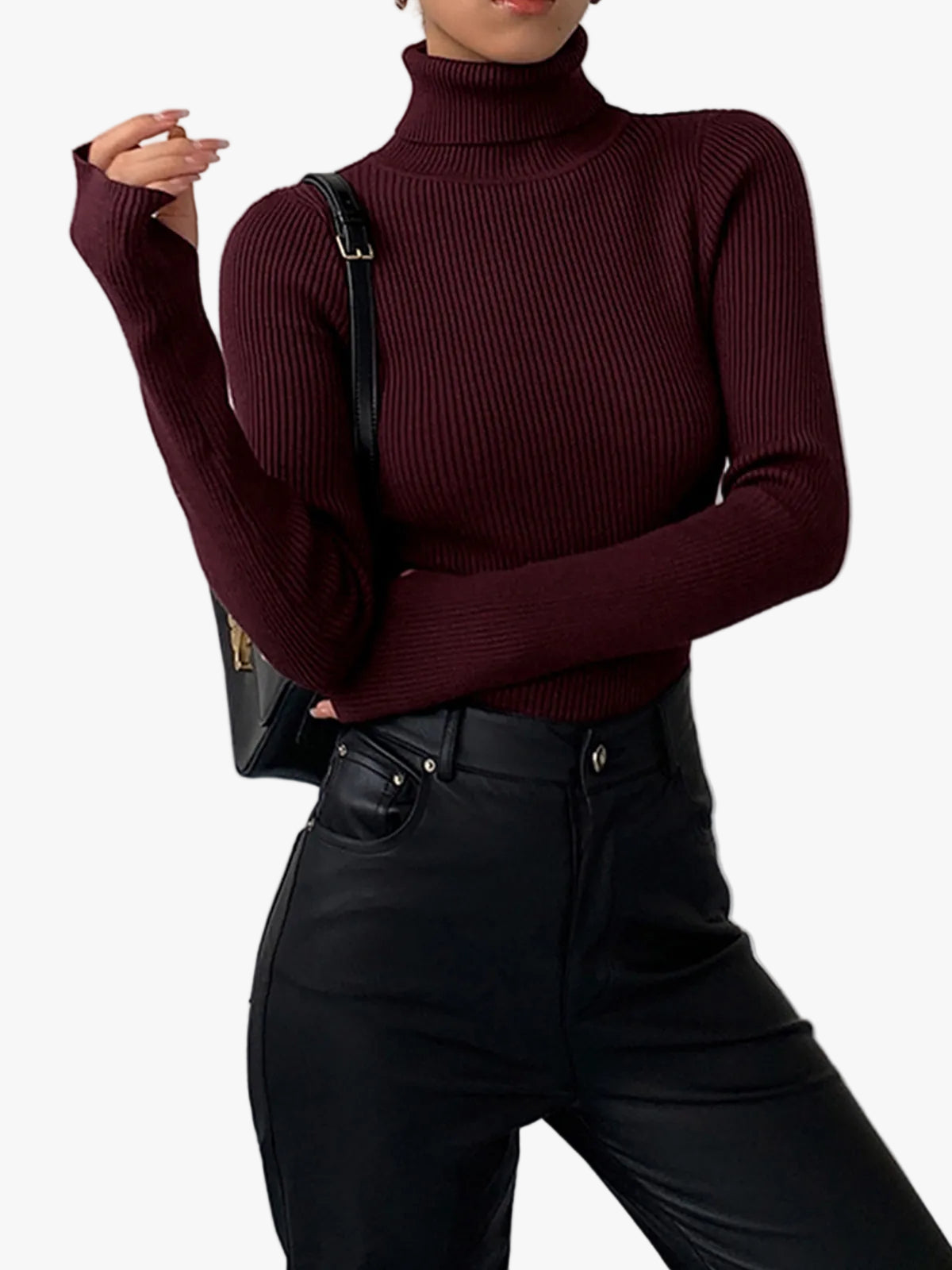 Women's Ribbed Knit Sweater with Turtleneck and Thumbhole Cuffs — Allyours Closet