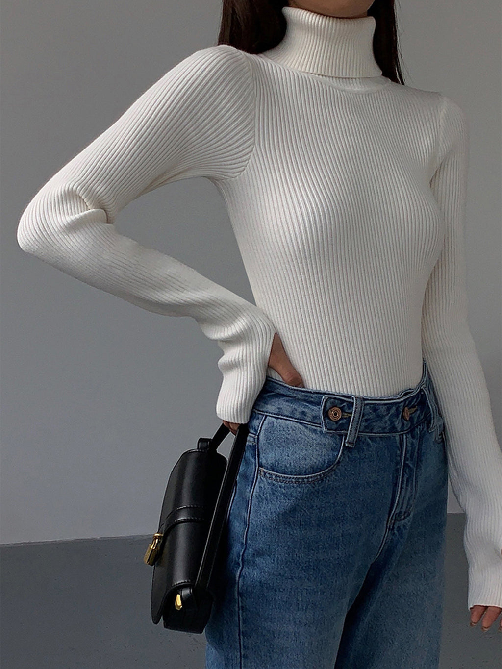 Women's Ribbed Knit Sweater with Turtleneck and Thumbhole Cuffs — Allyours Closet (view 10)