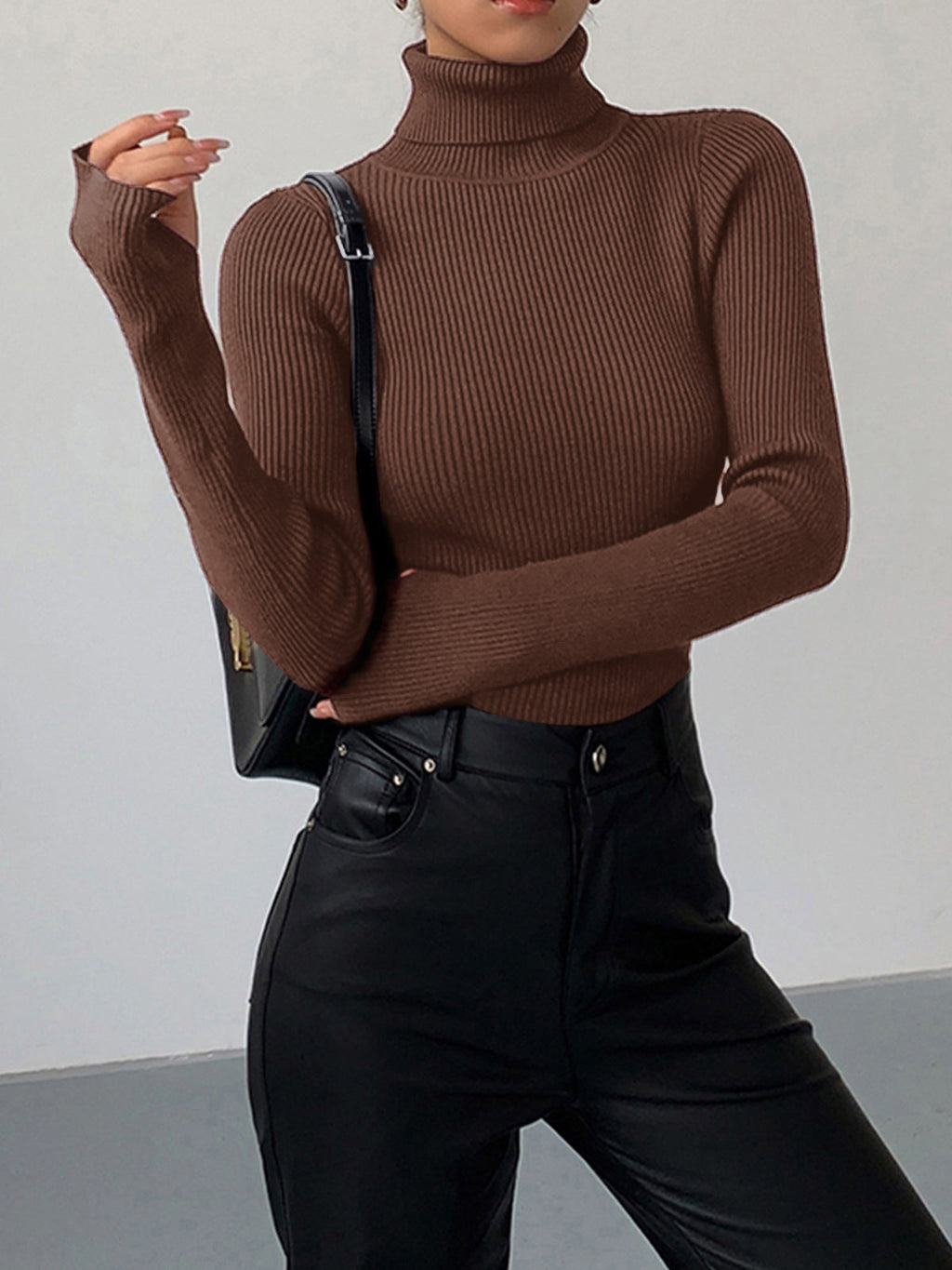 Women's Ribbed Knit Sweater with Turtleneck and Thumbhole Cuffs — Allyours Closet (view 12)