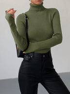 Women's Ribbed Knit Sweater with Turtleneck and Thumbhole Cuffs