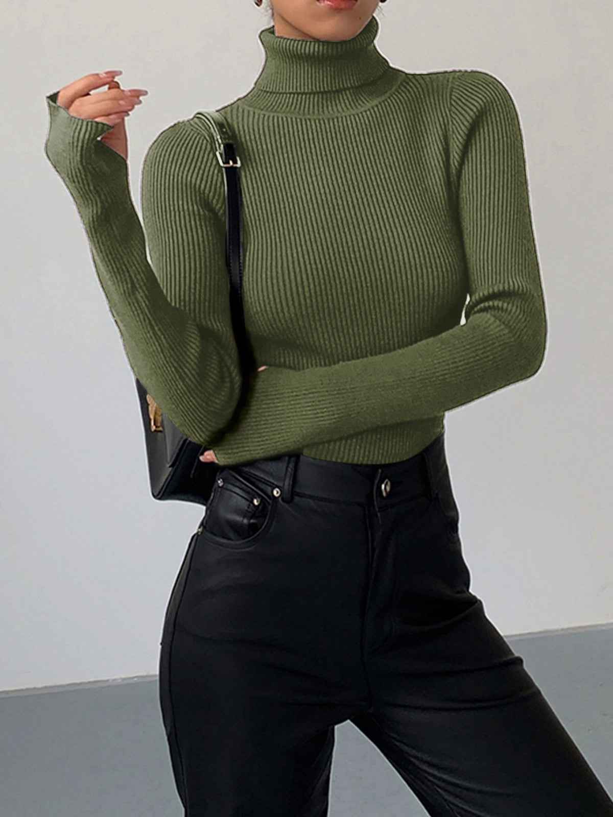 Women's Ribbed Knit Sweater with Turtleneck and Thumbhole Cuffs