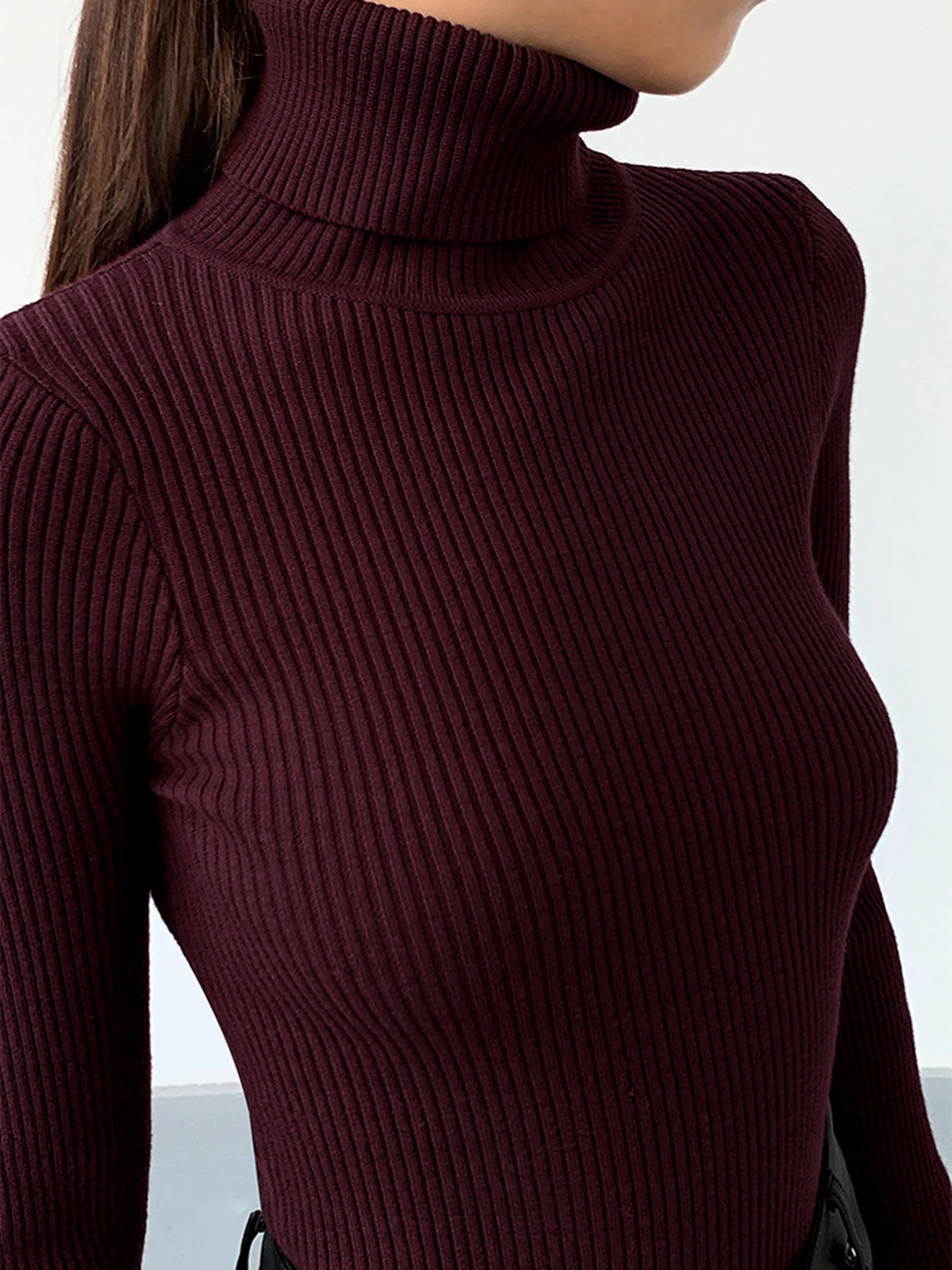 Women's Ribbed Knit Sweater with Turtleneck and Thumbhole Cuffs — Allyours Closet (view 2)
