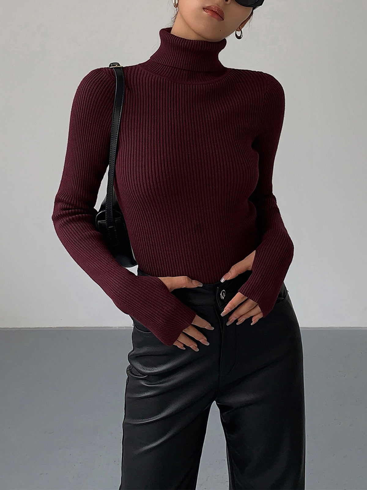 Women's Ribbed Knit Sweater with Turtleneck and Thumbhole Cuffs — Allyours Closet (view 3)