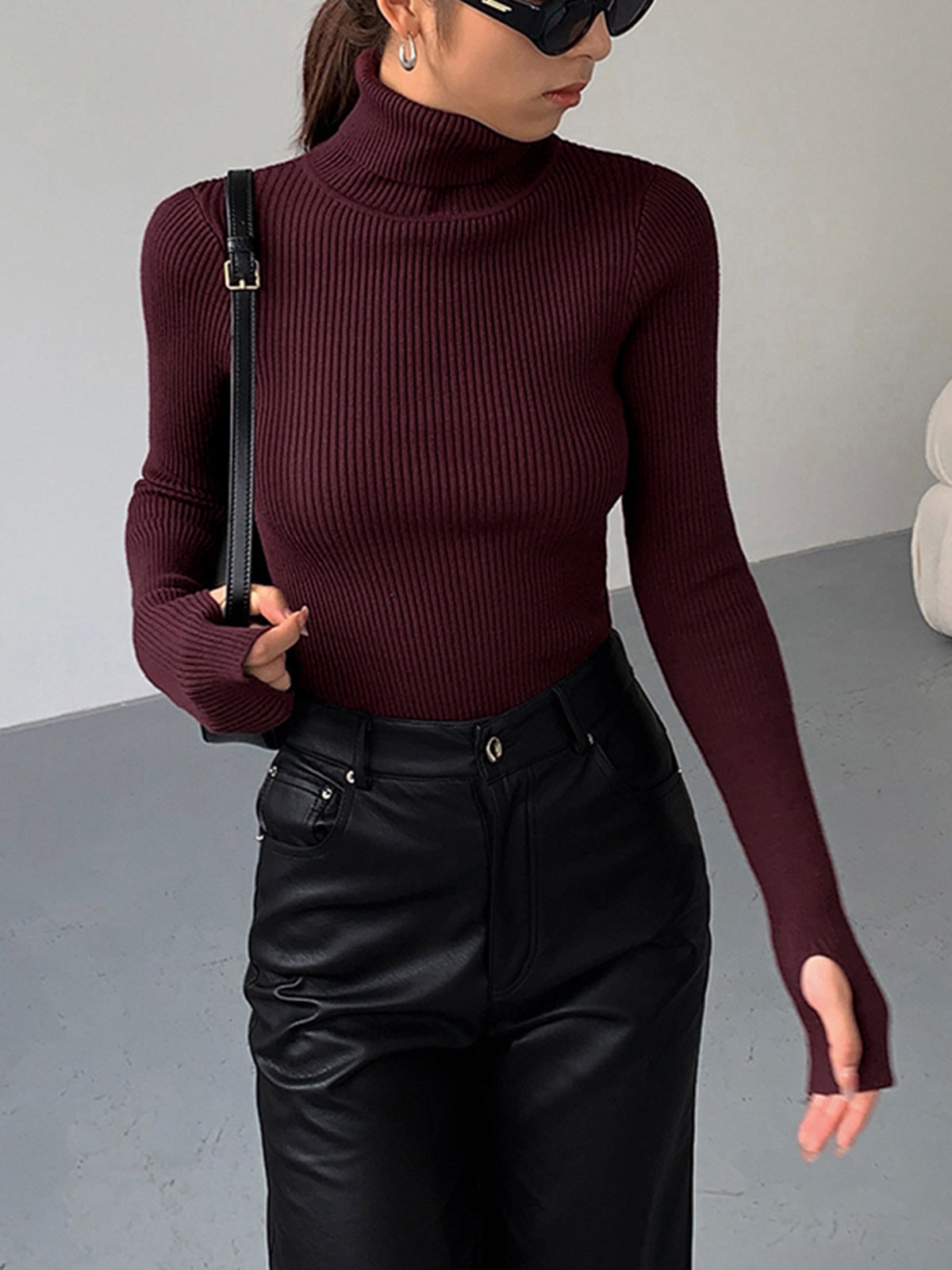Women's Ribbed Knit Sweater with Turtleneck and Thumbhole Cuffs — Allyours Closet (view 4)