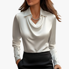Women's Satin-Style Woven Blouse with Draped Neckline and Cuffs — Allyours Closet