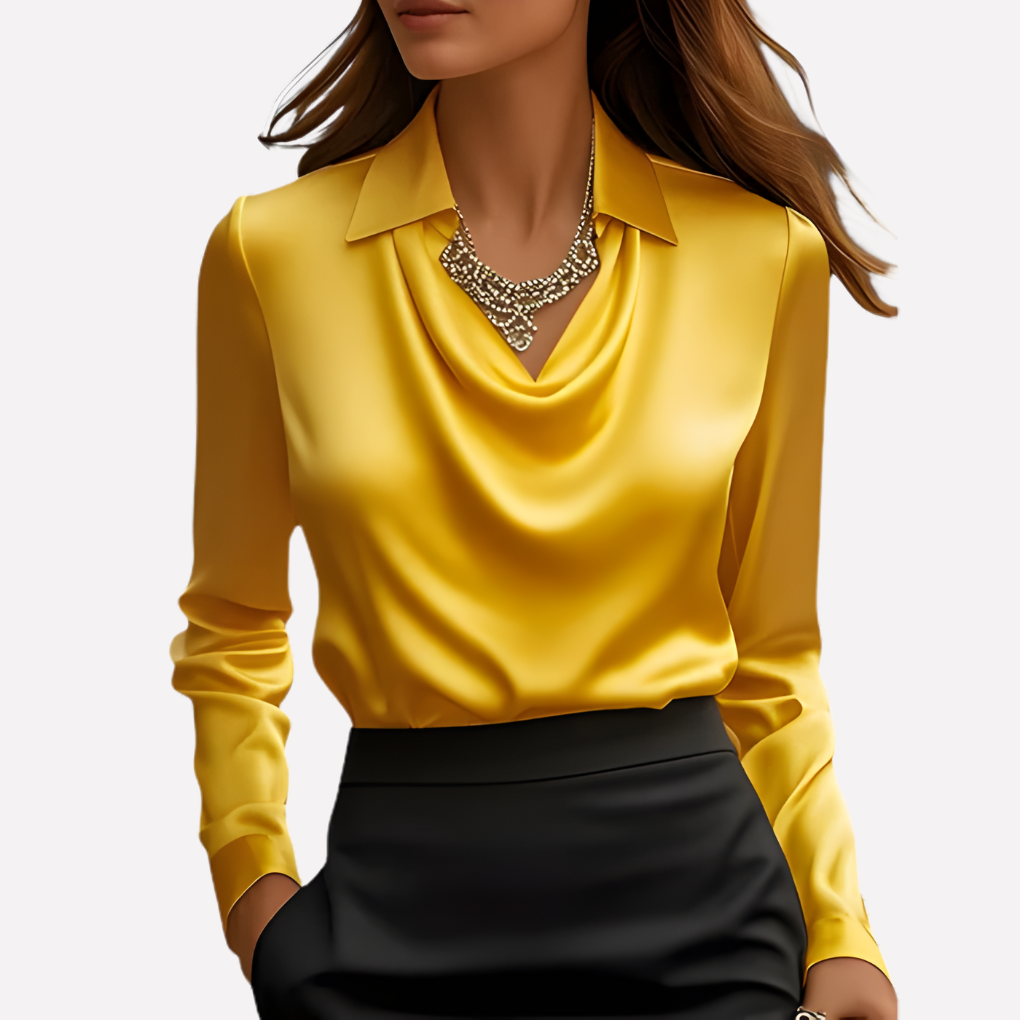 Women's Satin-Style Woven Blouse with Draped Neckline and Cuffs — Allyours Closet (view 10)