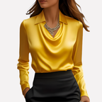 Women's Satin-Style Woven Blouse with Draped Neckline and Cuffs — Allyours Closet (view 10)