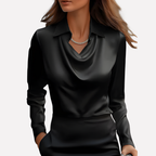 Women's Satin-Style Woven Blouse with Draped Neckline and Cuffs — Allyours Closet (view 2)