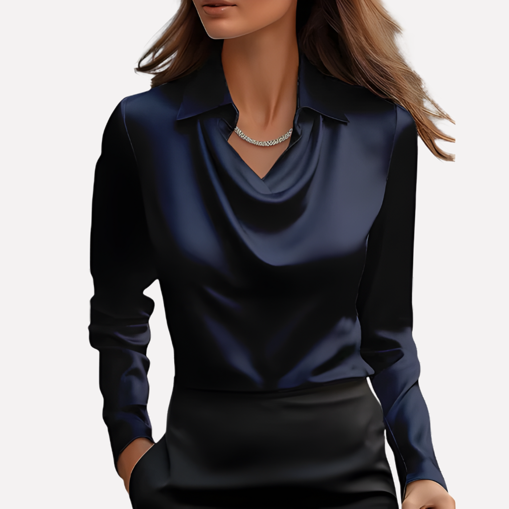 Women's Satin-Style Woven Blouse with Draped Neckline and Cuffs — Allyours Closet (view 3)