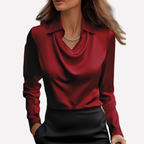 Women's Satin-Style Woven Blouse with Draped Neckline and Cuffs — Allyours Closet (view 4)