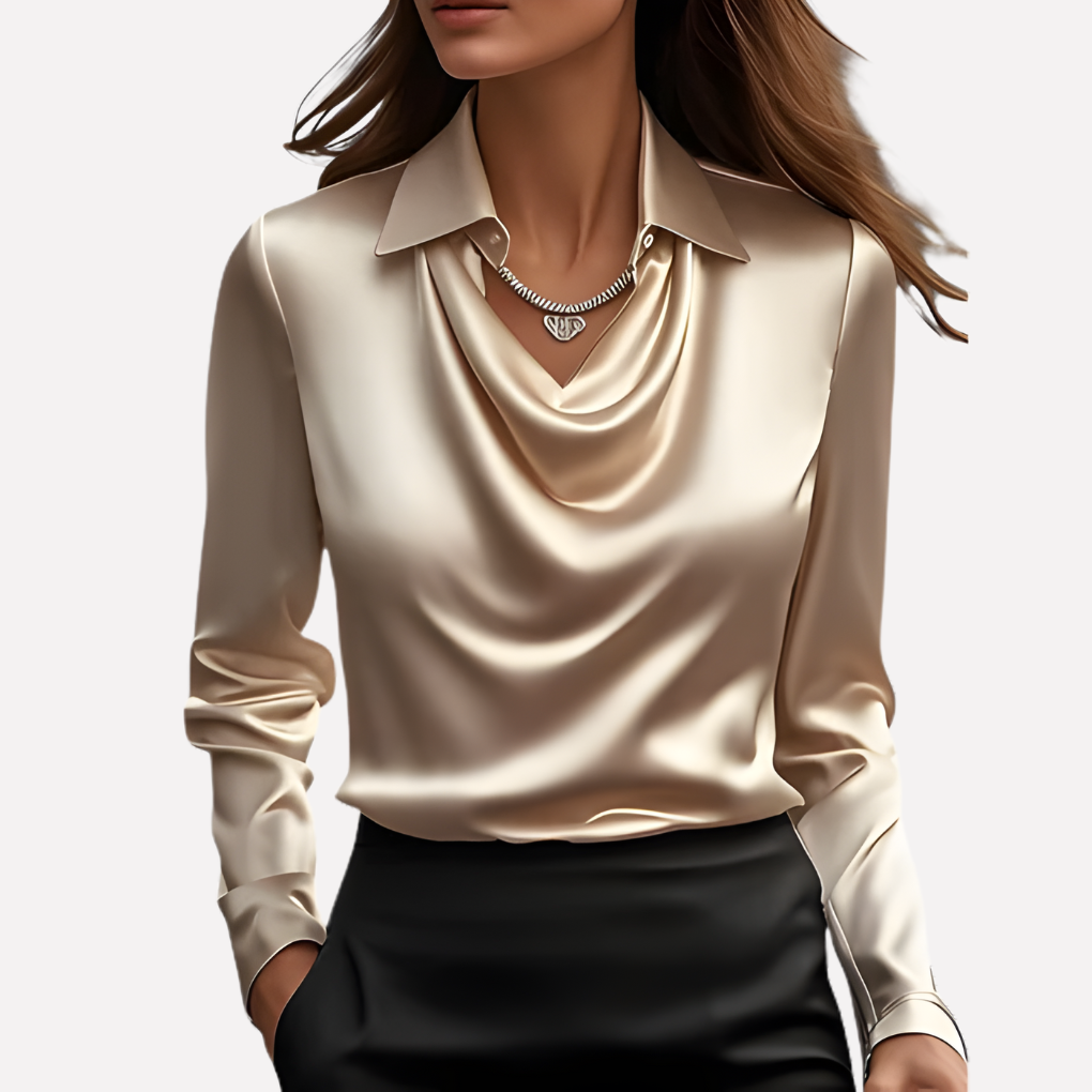 Women's Satin-Style Woven Blouse with Draped Neckline and Cuffs — Allyours Closet (view 5)
