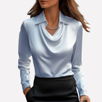 Women's Satin-Style Woven Blouse with Draped Neckline and Cuffs — Allyours Closet (view 6)