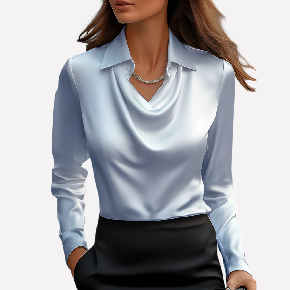 Women's Satin-Style Woven Blouse with Draped Neckline and Cuffs — Allyours Closet (view 6)