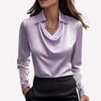 Women's Satin-Style Woven Blouse with Draped Neckline and Cuffs — Allyours Closet (view 7)