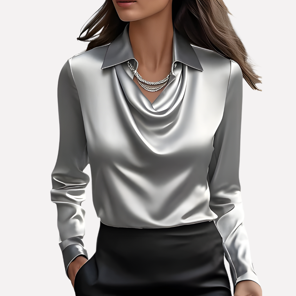 Women's Satin-Style Woven Blouse with Draped Neckline and Cuffs — Allyours Closet (view 8)
