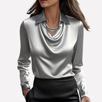 Women's Satin-Style Woven Blouse with Draped Neckline and Cuffs — Allyours Closet (view 8)