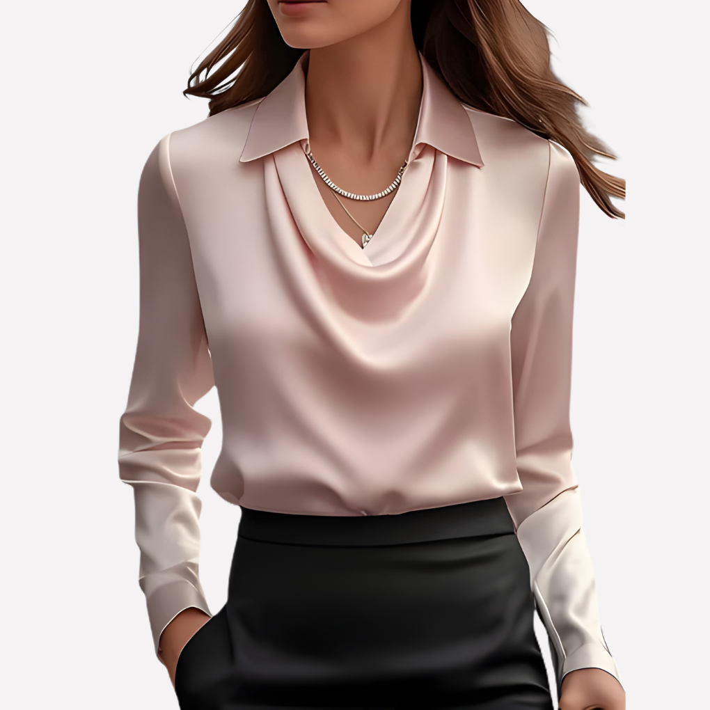Women's Satin-Style Woven Blouse with Draped Neckline and Cuffs — Allyours Closet (view 9)