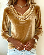 Women's Velvet Top with Draped V Neck and Long Sleeves — Allyours Closet (view 2)