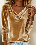 Women's Velvet Top with Draped V Neck and Long Sleeves — Allyours Closet (view 3)