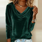 Women's Velvet Top with Draped V Neck and Long Sleeves — Allyours Closet (view 7)